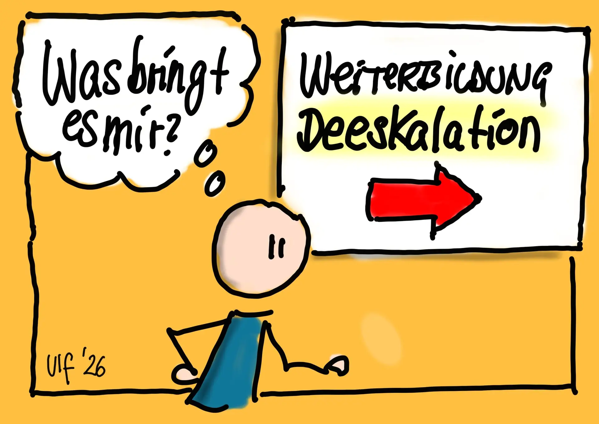 Handgezeichnete Illustration auf orangefarbenem Hintergrund: Eine Figur fragt in einer Gedankenblase „Was bringt es mir?“. Daneben stehen die Begriffe „Weiterbildung“ und „Deeskalation“ mit einem roten Pfeil.